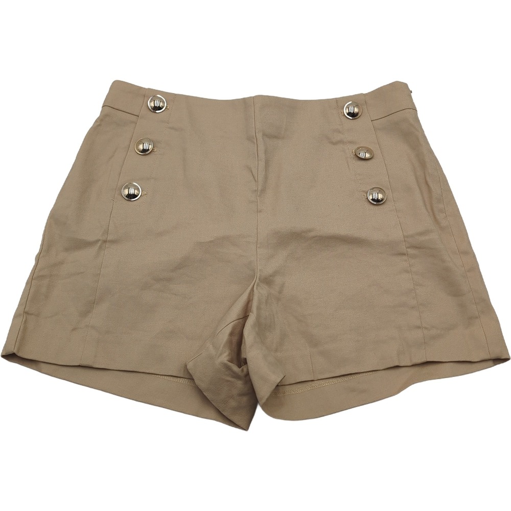 Ann Taylor Tan Linen Blend Sailor Shorts Khaki High Waisted Silver Button Size 6